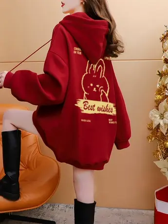 2023新款兔年本命年衣服红色女装时尚情侣装连帽卫衣秋冬加绒外套商品大图