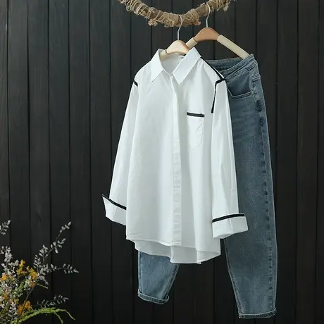 纯棉白衬衫女2022春装新款韩版拼接休闲上衣长袖宽松打底衬衣春秋图片