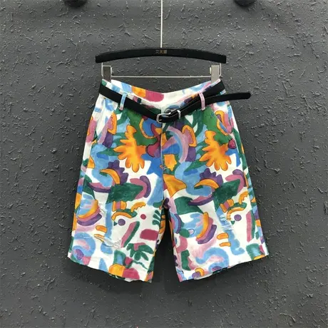 潮流花色破洞牛仔短裤夏季女高腰显瘦五分裤2023新款直筒中裤港味图片