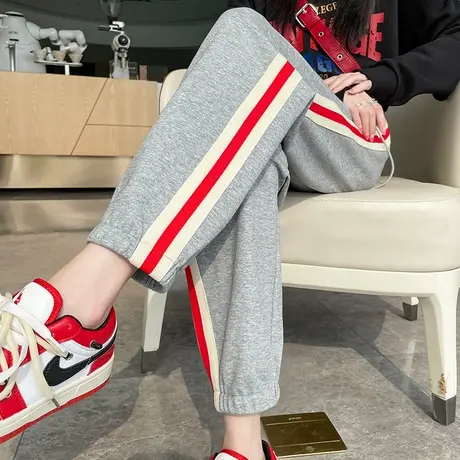 灰色高腰运动裤女2023年春秋新款宽松显瘦百搭九分休闲束脚卫裤潮商品大图