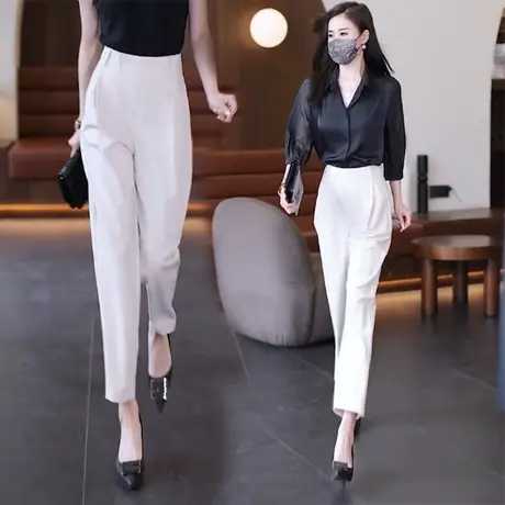 高腰哈伦裤女2023年新款爆款夏季显瘦直筒裤高腰垂感九分黑色裤子图片