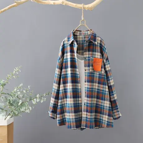 设计感贴布格子衬衫女长袖秋季新款港味宽松大码中长款衬衣打底衫商品大图