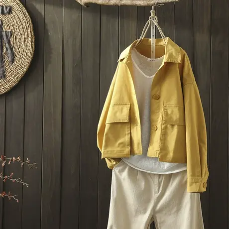 枫谜2020年春装新款文艺简约纯棉短款外套女韩版休闲百搭夹克上衣图片