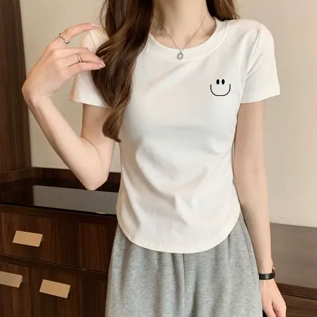 白色t恤女2023新款正肩修身短款小个子百搭纯棉正肩短袖上衣夏季图片