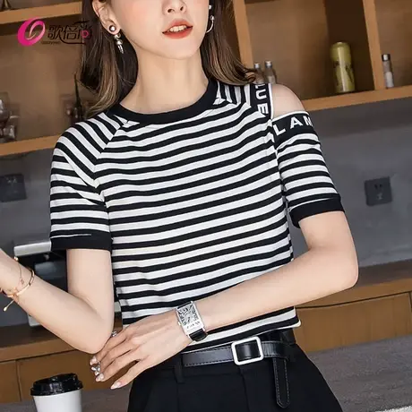 黑白条纹t恤女短袖2022夏季新款露肩紧身纯棉体恤修身内搭上衣潮商品大图