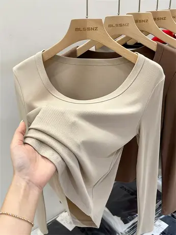 长袖t恤女2023年新款春装修身显瘦短款上衣低圆领打底衫女内搭潮图片