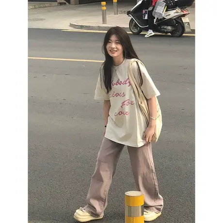 纯棉白灰色设计感字母短袖t恤女夏季宽松半袖港味复古chic上衣服图片