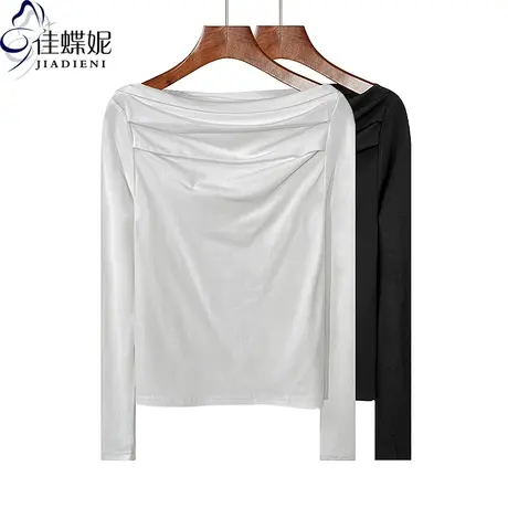 秋冬新款一字领性感纯欲褶皱纯棉纯色修身长袖体恤上衣女打底衫图片