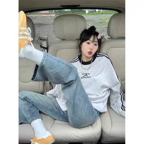 三条杠圆领卫衣女春秋薄款2023宽松美式慵懒风chic上衣潮牌小个子商品大图