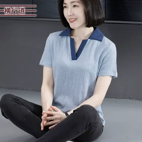 2023夏季新款简约外穿休闲翻领撞色宽松V领短袖T恤上衣大码女装图片