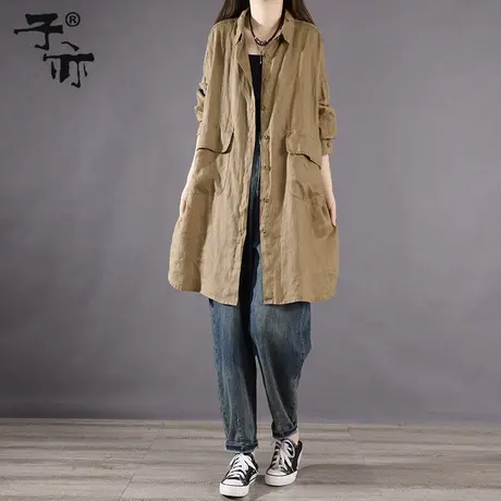 子亦春秋新款布衣风格褶皱纯色单排扣亚麻百搭休闲宽松长袖衬衫女图片