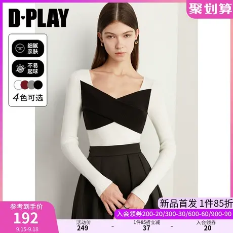 DPLAY2023秋装法式优雅黑拼白美背方型领撞色蝴蝶结针织打底上衣商品大图