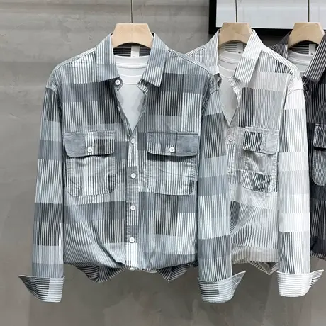 条纹拼接衬衫男长袖日系宽松潮流纯棉秋装休闲衬衣外套男士春秋款商品大图
