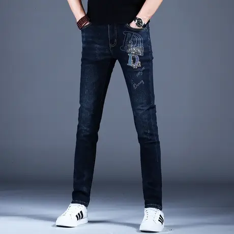秋季高端潮牌印花牛仔裤男款修身小脚裤子男2023男士弹力男裤休闲商品大图