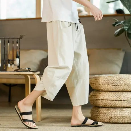 中国风亚麻裤子男夏季薄款胖子加肥大码哈伦七分休闲裤潮流八分裤商品大图