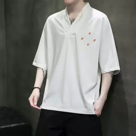 新中式棉麻短袖T恤男中国风男装国潮刺绣t恤大码禅服汉服元素半袖图片