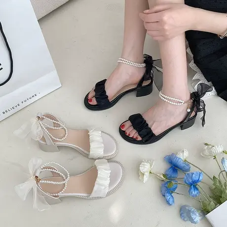 凉鞋女2023年新款夏季中跟高级感时装法式仙女配裙子一字带高跟鞋图片