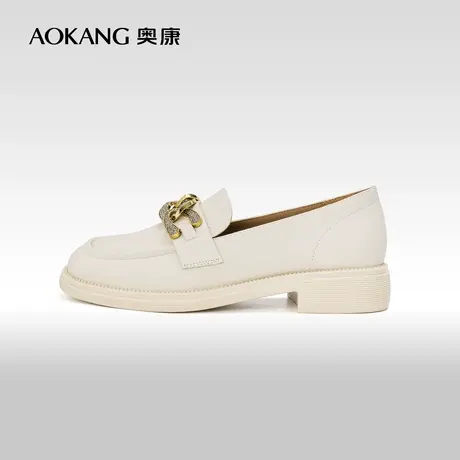 奥康女鞋 春秋款真皮复古低跟圆头乐福鞋学院风浅口单鞋潮商品大图