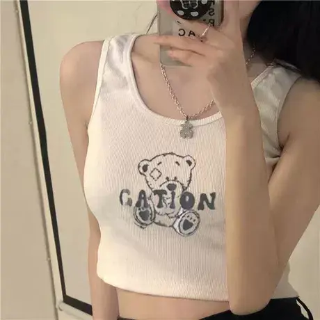 夏季2024辣妹风新款美式运动背心T恤女欧美高街短款外穿无袖上衣商品大图