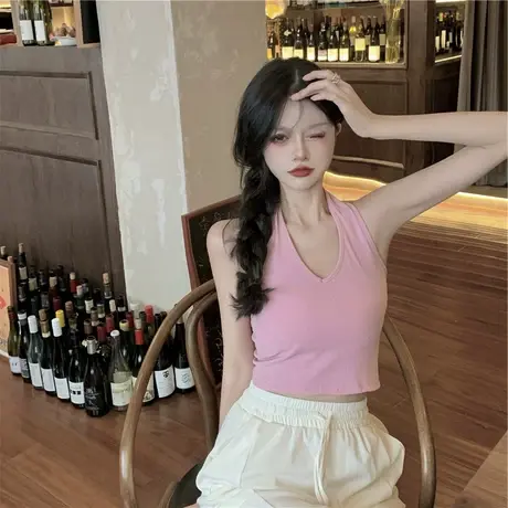 夏季白色挂脖小吊带背心内搭外穿带胸垫美背辣妹上衣女纯欲打底衫商品大图