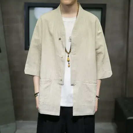 秋季改良中国风衬衫汉服青年男士棉麻开衫上衣宽松薄款七分袖外套图片