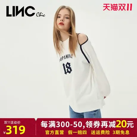 LINC金羽杰2023秋季新款漏肩造型棉质宽松长袖T恤女S231FK037Y图片