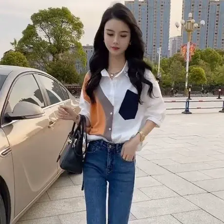 欧货拼色假两件衬衫女2023春季时尚炸街宽松百搭字母针织拼接衬衣商品大图