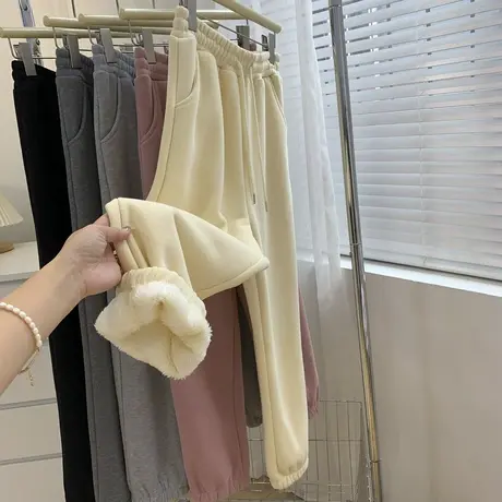 巨厚羊羔绒抽绳束脚休闲运动裤女2022冬宽松显瘦百搭灰色哈伦卫裤商品大图