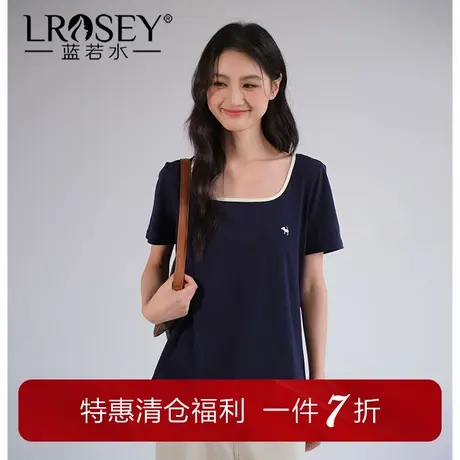 蓝若水大码女装简约百搭撞色方领上衣夏季新品胖MM刺绣正肩T恤商品大图