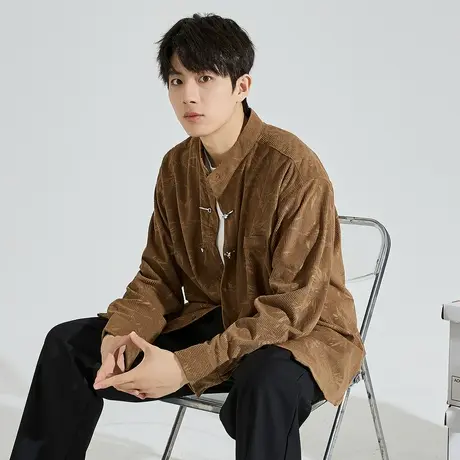 唐狮竹纹长袖衬衫春秋新款男新中式特殊盘扣白色长袖衬衫潮流图片