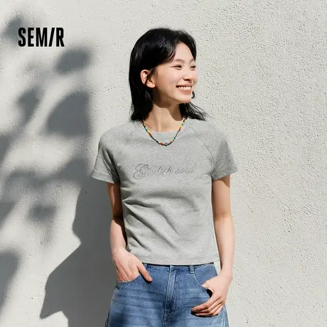森马短袖T恤女短款字母插肩袖紧身2025夏季新款时尚烫钻衣服气质图片