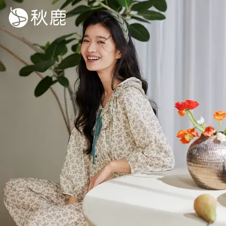 秋鹿女士透气轻盈舒适人棉睡衣女2025夏新款法式碎花九分袖家居服商品大图
