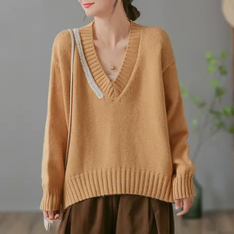 dza复古宽松V领套头毛衣女2023春秋休闲针织衫内搭打底衫长袖上衣商品大图