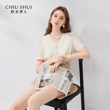 【悟空粉丝专享】秋水伊人设计感蕾丝拼接小V领衬衫夏小个子上衣商品大图