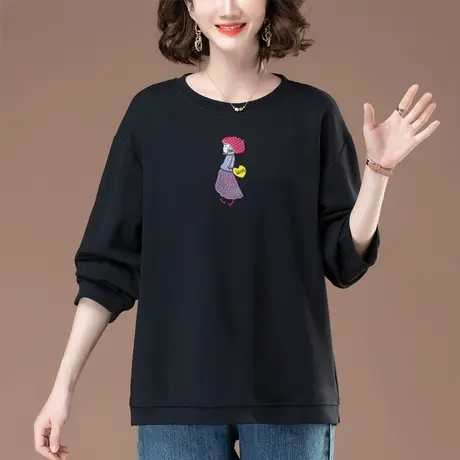 妈妈圆领卫衣女春秋季薄款宽松加肥加大码女装刺绣百搭遮肚子上衣商品大图