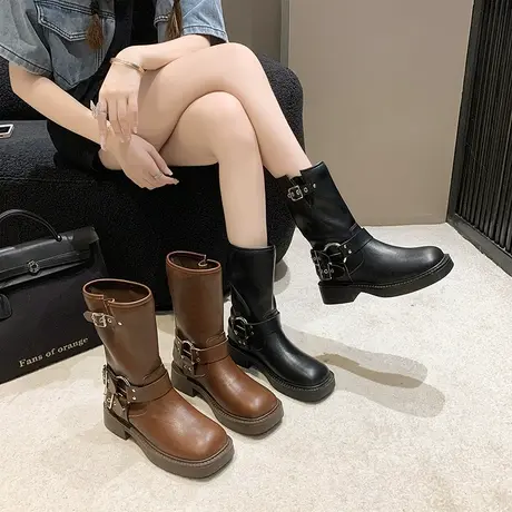 厚底马丁靴女2023新款夏季英伦风复古爆款西部牛仔靴粗跟显瘦单靴图片