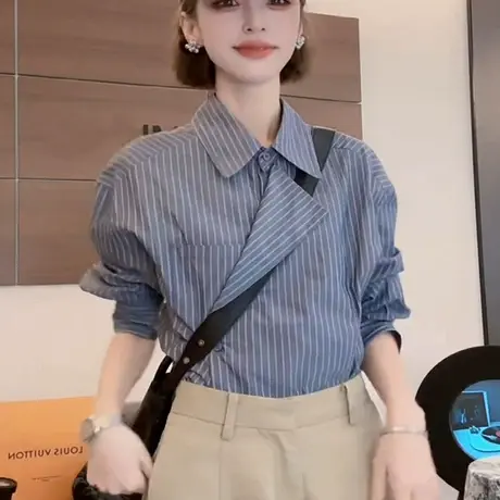 复古不规则蓝色条纹翻领长袖衬衫2025新款女早秋宽松显瘦气质上衣商品大图
