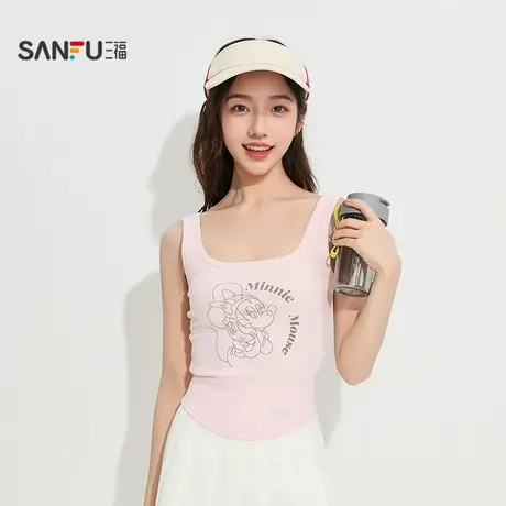三福【迪士尼米奇系列】女秋季方领宽肩背心 可爱图案上衣504813商品大图