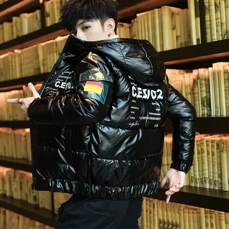 冬季棉衣男士韩版宽松连帽加厚保暖羽绒棉服青少年潮牌亮面棉外套图片