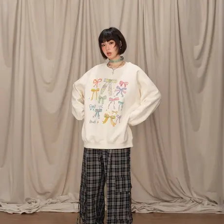 YEP复古蝴蝶结印花圆领卫衣女早秋新款宽松美式潮牌套头无帽上衣商品大图