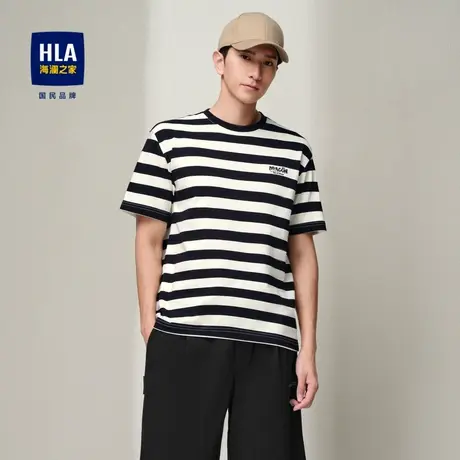 HLA/海澜之家时尚条纹短袖T恤2024夏季新款字母绣花圆领短t男女商品大图