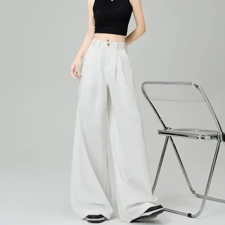 白色牛仔裤女夏薄款2025新款美式浅色时尚女士高腰宽松直筒阔腿裤商品大图