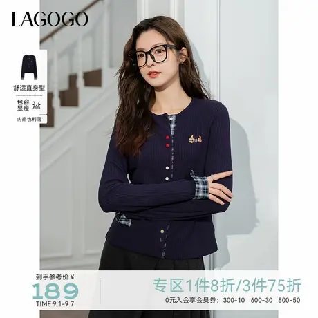 LAGOGO藏青色韩系学院风上衣女拉谷谷2025秋新款圆领甜美针织开衫商品大图
