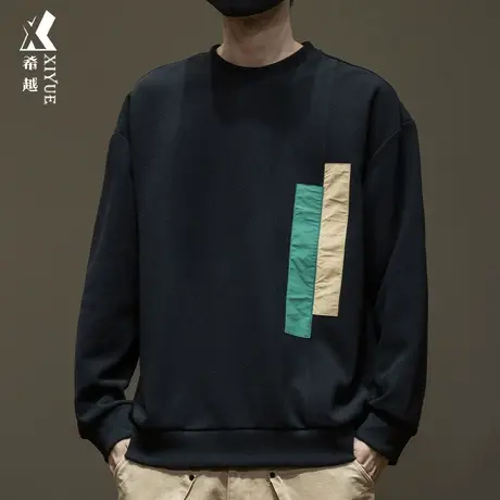 380g重磅套头卫衣男秋季潮牌宽松大码拼接撞色内搭打底衫上衣ins商品大图