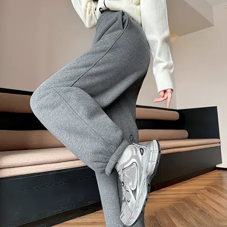 yoe秋冬休闲长裤女加绒加厚仿羊羔绒保暖灰色简约百搭束脚裤tuTA图片