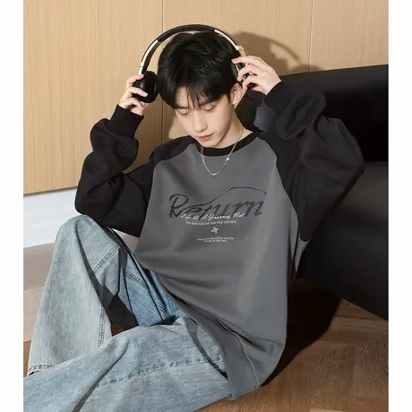 唐狮春秋季新款圆领卫衣男宽松撞色拼接插肩袖青少年上衣潮流TD商品大图