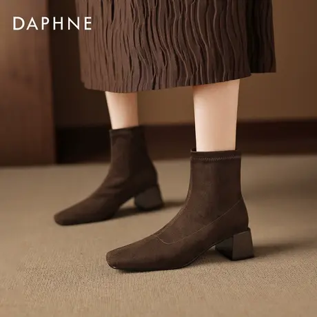 达芙妮短靴子2025新款方头棕色单靴复古法式瘦瘦靴西部马丁靴绒面商品大图