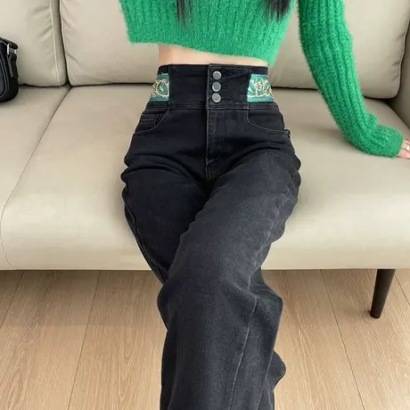 黑色加绒九分直筒牛仔裤女2023冬季高腰显瘦小个子设计感烟管裤子商品大图