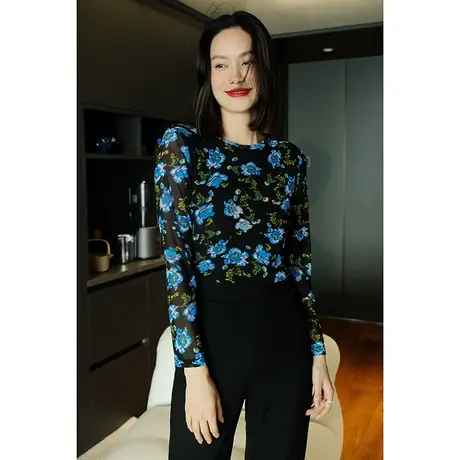 23秋冬春夏新款女装复古双层百搭亲肤蓝粉百合花女士打底衫上衣图片