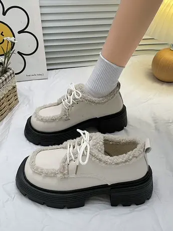 英伦风粗跟厚底小皮鞋女2023秋冬季新款复古加绒保暖系带棉鞋单鞋商品大图